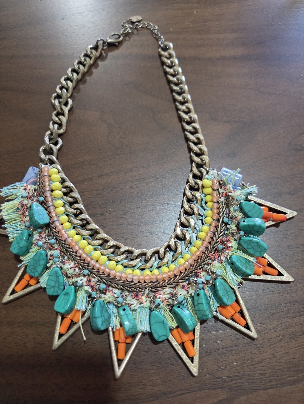Boho Statement Necklace with Turquoise, Yellow & Orange Accents